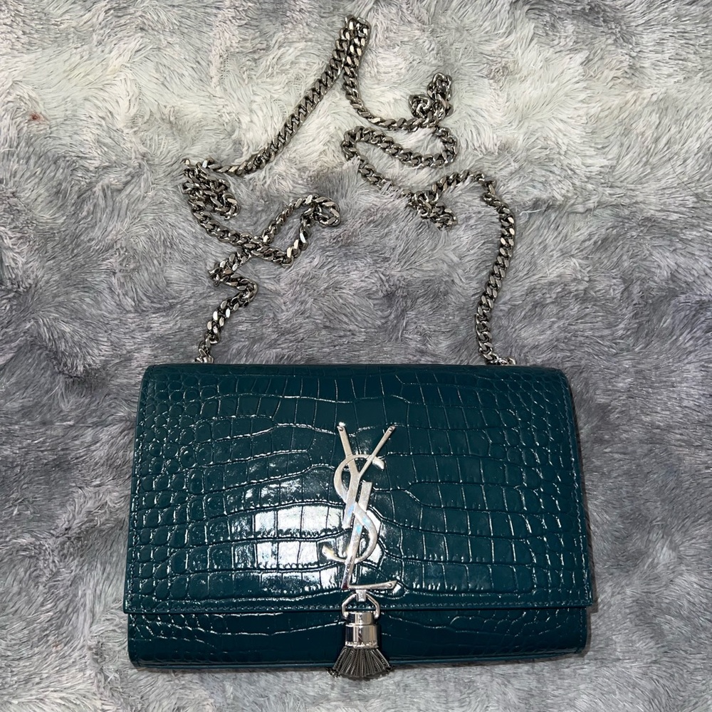 YSL Green Small Croc Kate Tassel Bag